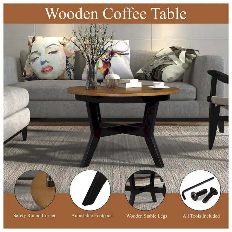 Farmhouse Wood Round Coffee Table with 4 Soild Wood Legs