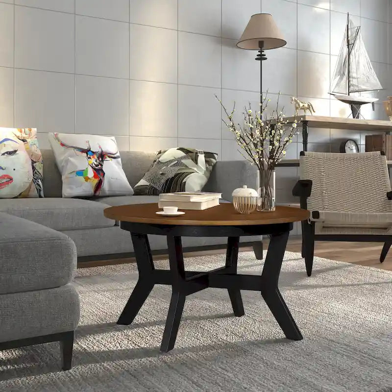 Farmhouse Wood Round Coffee Table with 4 Soild Wood Legs