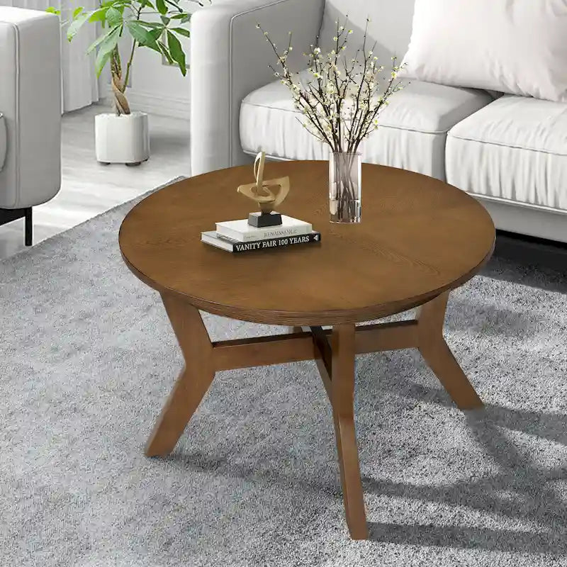 Farmhouse Wood Round Coffee Table with 4 Soild Wood Legs