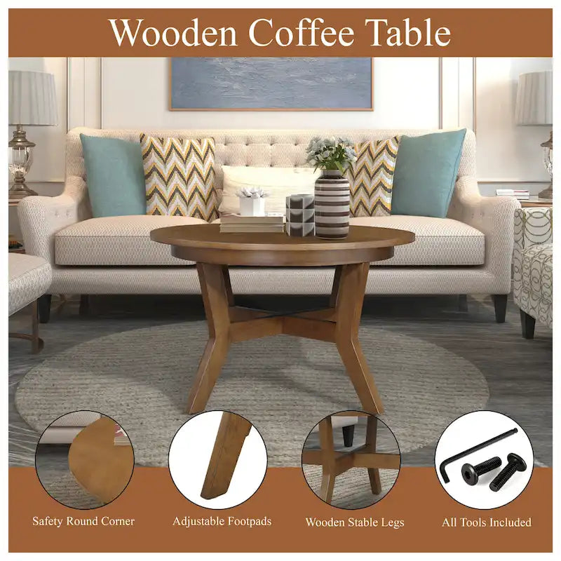 Farmhouse Wood Round Coffee Table with 4 Soild Wood Legs