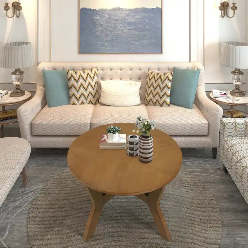 Farmhouse Wood Round Coffee Table with 4 Soild Wood Legs