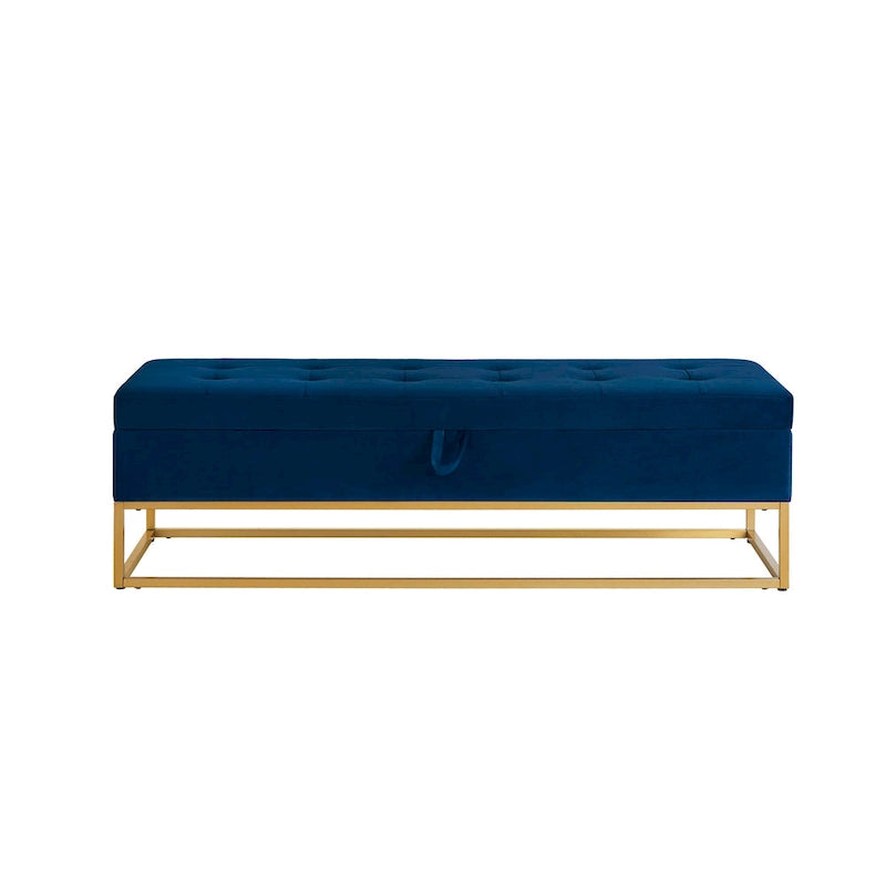Button Tufting Velvet Storage Bench with Gold Metal Base