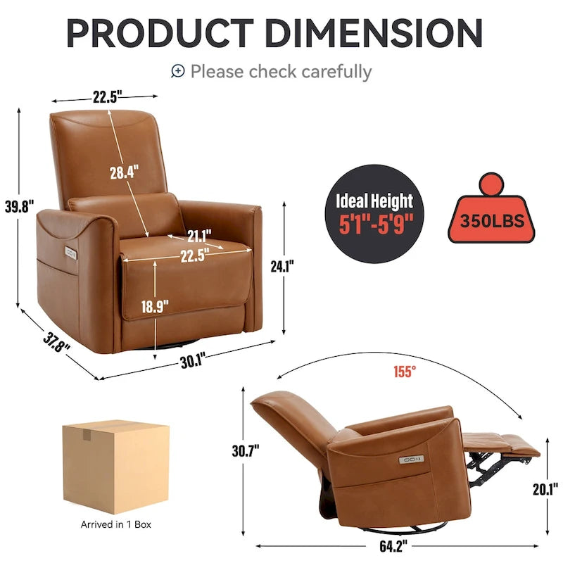 Fauteuil inclinable électrique pivotant et à bascule, mécanisme robuste avec ports USB et Type-C