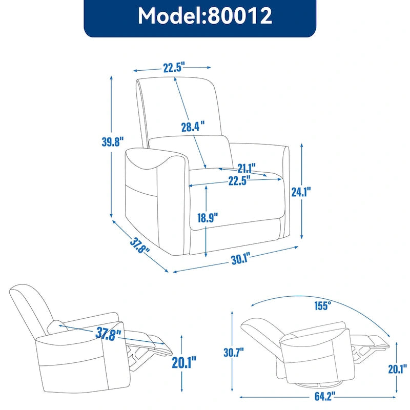 Fauteuil inclinable électrique pivotant et à bascule, mécanisme robuste avec ports USB et Type-C