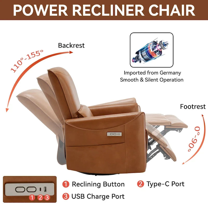 Fauteuil inclinable électrique pivotant et à bascule, mécanisme robuste avec ports USB et Type-C