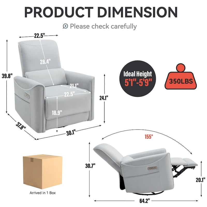 Fauteuil inclinable électrique pivotant et à bascule, mécanisme robuste avec ports USB et Type-C