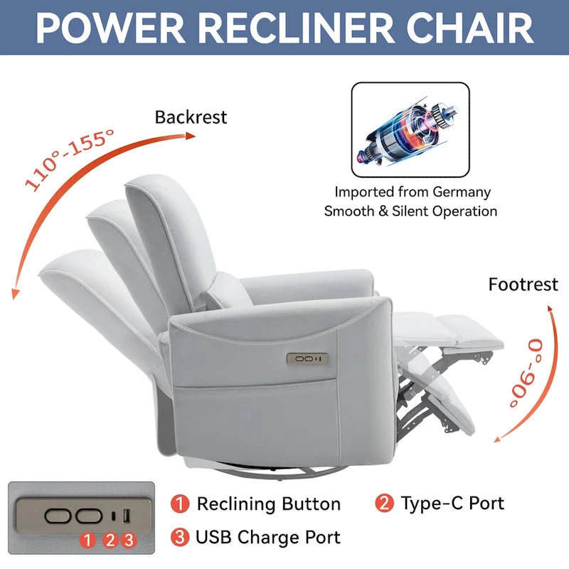 Fauteuil inclinable électrique pivotant et à bascule, mécanisme robuste avec ports USB et Type-C