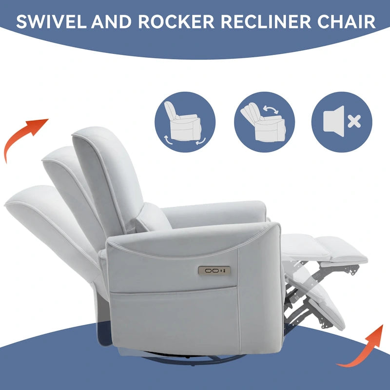 Fauteuil inclinable électrique pivotant et à bascule, mécanisme robuste avec ports USB et Type-C