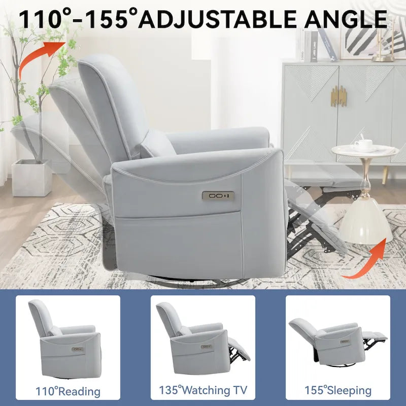 Fauteuil inclinable électrique pivotant et à bascule, mécanisme robuste avec ports USB et Type-C
