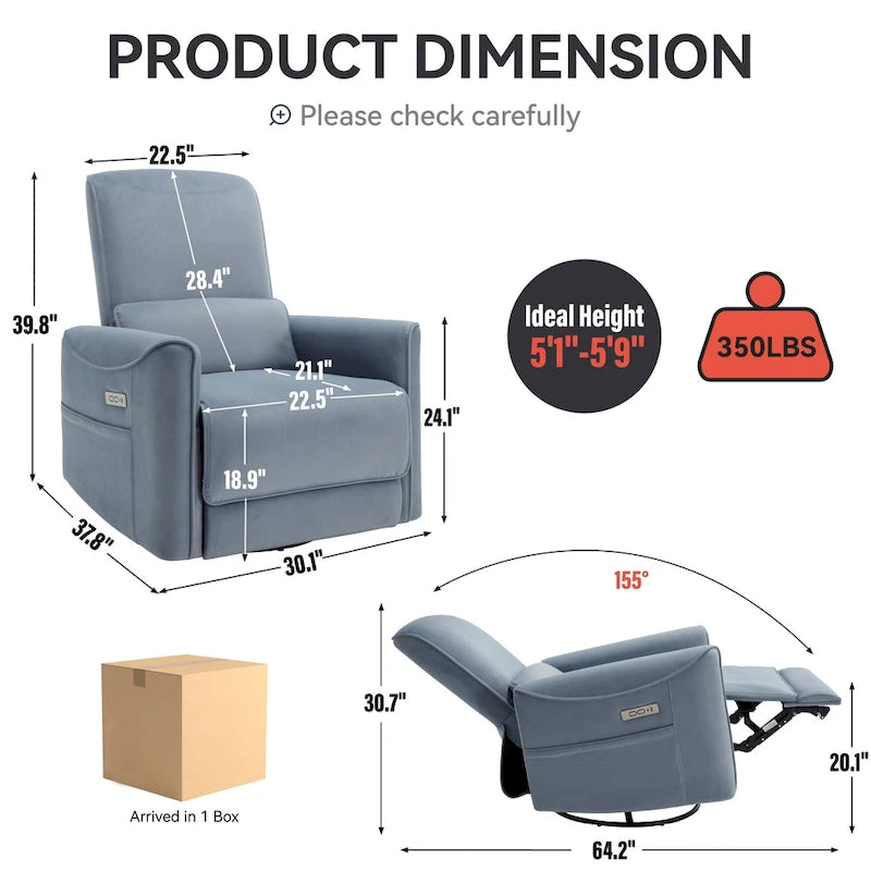 Fauteuil inclinable électrique pivotant et à bascule, mécanisme robuste avec ports USB et Type-C