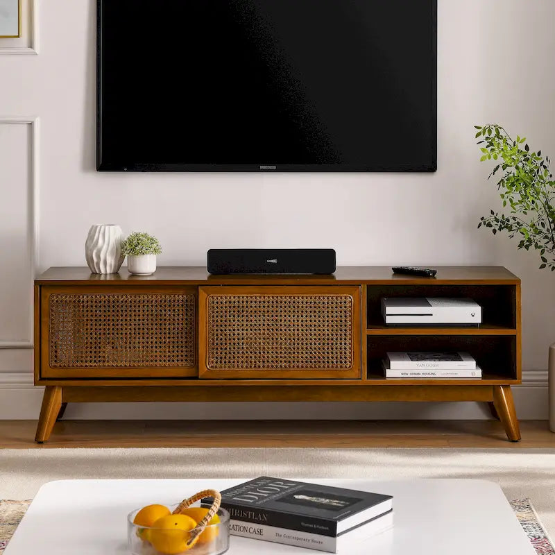 150-cm-TV-Schrank mit offenen Fächern und Rattantüren für 165-cm-Fernseher