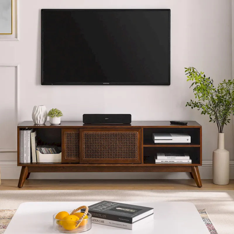 150-cm-TV-Schrank mit offenen Fächern und Rattantüren für 165-cm-Fernseher
