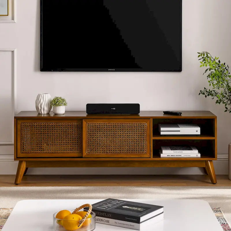 Meuble TV de 59 avec étagères ouvertes et portes en rotin pour téléviseurs de 65