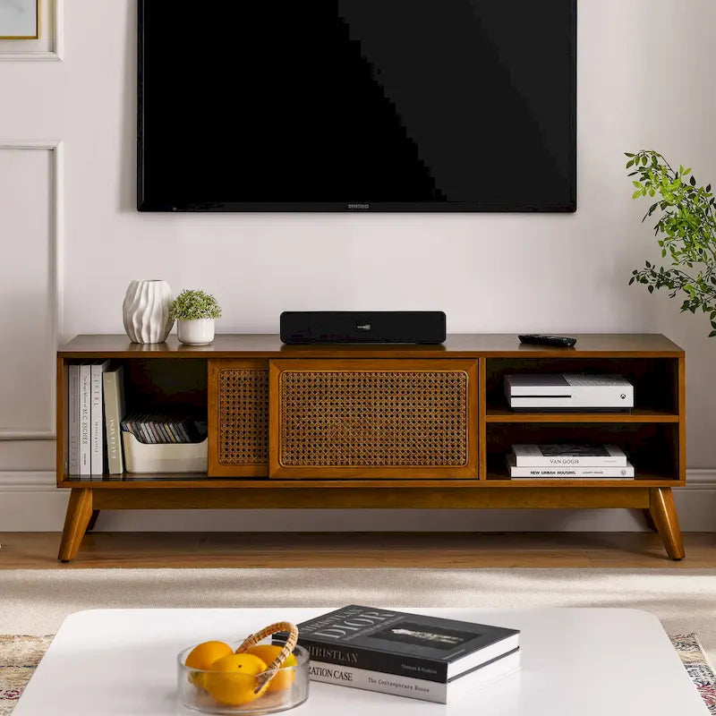 Meuble TV de 59 avec étagères ouvertes et portes en rotin pour téléviseurs de 65