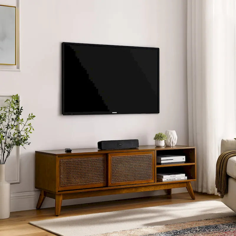 150-cm-TV-Schrank mit offenen Fächern und Rattantüren für 165-cm-Fernseher