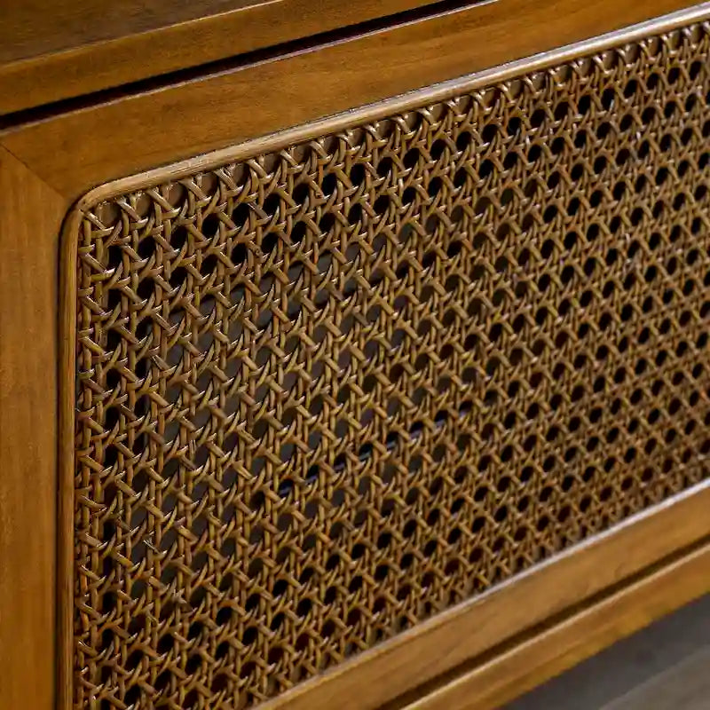 Meuble TV de 59 avec étagères ouvertes et portes en rotin pour téléviseurs de 65