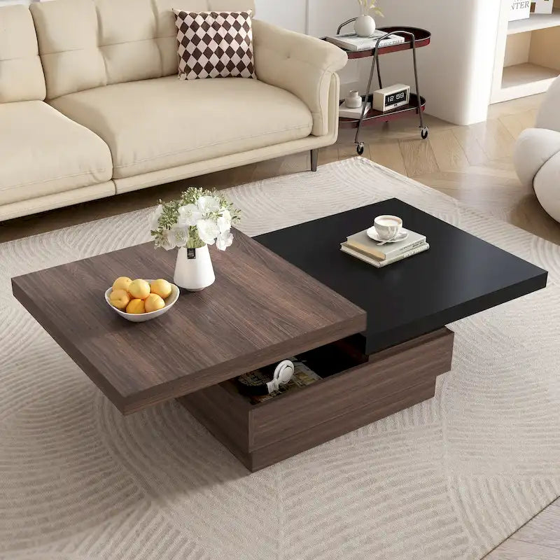 Table basse à plateau rotatif, table basse carrée moderne avec motif de grain de bois, 1 espace de rangement dissimulé pour le salon