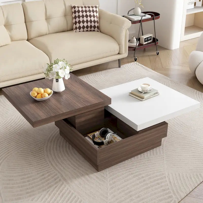 Table basse à plateau rotatif, table basse carrée moderne avec motif de grain de bois, 1 espace de rangement dissimulé pour le salon