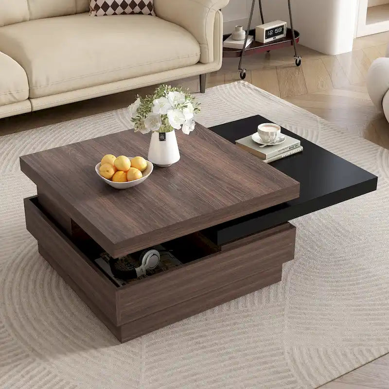 Table basse à plateau rotatif, table basse carrée moderne avec motif de grain de bois, 1 espace de rangement dissimulé pour le salon