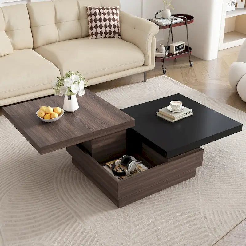 Table basse à plateau rotatif, table basse carrée moderne avec motif de grain de bois, 1 espace de rangement dissimulé pour le salon