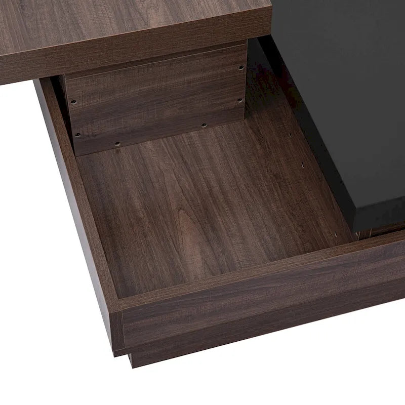 Table basse à plateau rotatif, table basse carrée moderne avec motif de grain de bois, 1 espace de rangement dissimulé pour le salon