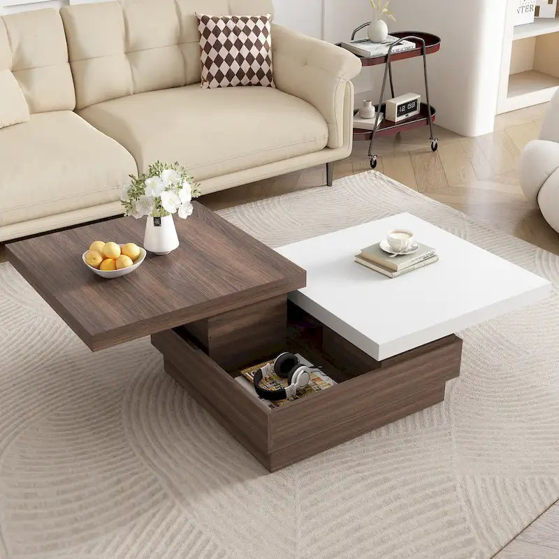Table basse à plateau rotatif, table basse carrée moderne avec motif de grain de bois, 1 espace de rangement dissimulé pour le salon