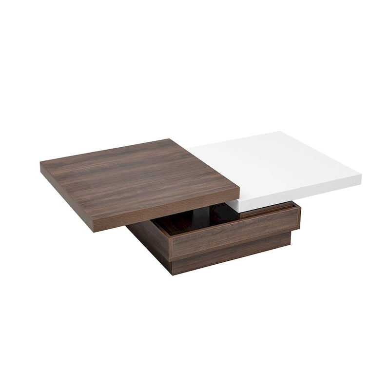 Table basse à plateau rotatif, table basse carrée moderne avec motif de grain de bois, 1 espace de rangement dissimulé pour le salon