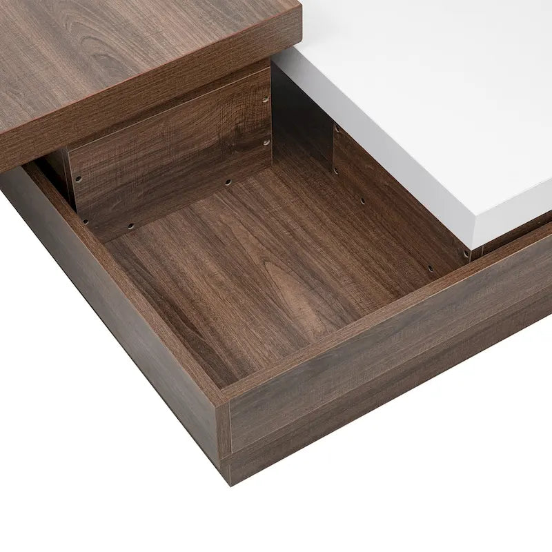 Table basse à plateau rotatif, table basse carrée moderne avec motif de grain de bois, 1 espace de rangement dissimulé pour le salon
