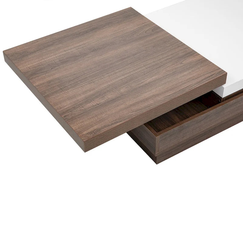 Table basse à plateau rotatif, table basse carrée moderne avec motif de grain de bois, 1 espace de rangement dissimulé pour le salon