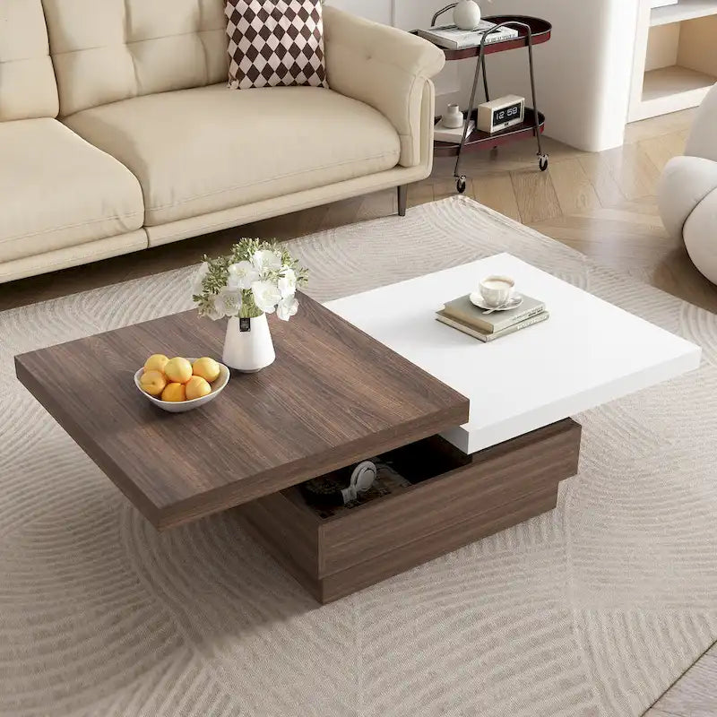 Table basse à plateau rotatif, table basse carrée moderne avec motif de grain de bois, 1 espace de rangement dissimulé pour le salon