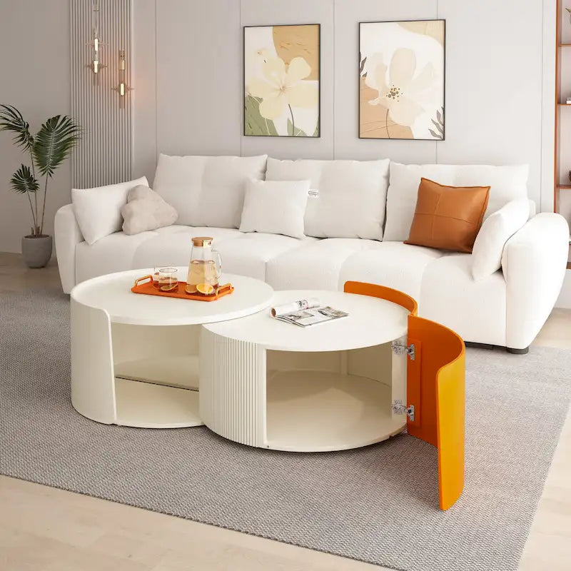 Nesting Coffee Table, Round Nesting Tables and End Tables for Small Space, Modern Side Tables with Extendable Sliding Tabletop