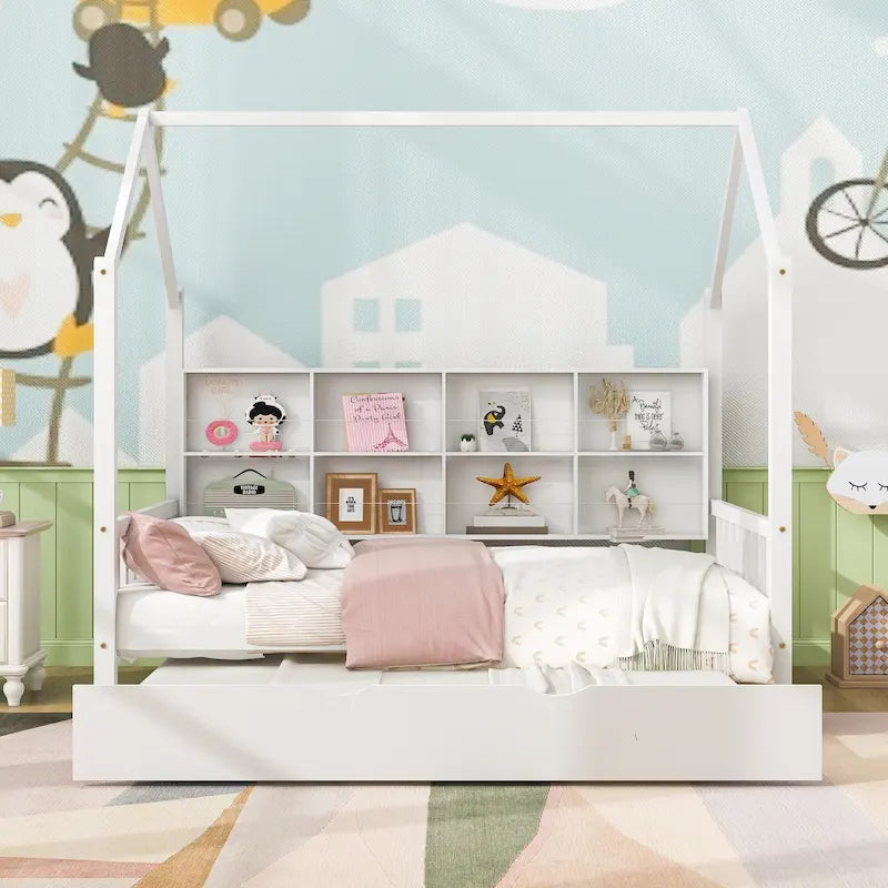Wood Kids Bed Frame Storage Headboards Bed House Bed with Pull-out Trundle Bed, Wood Slat Support Platform Bed