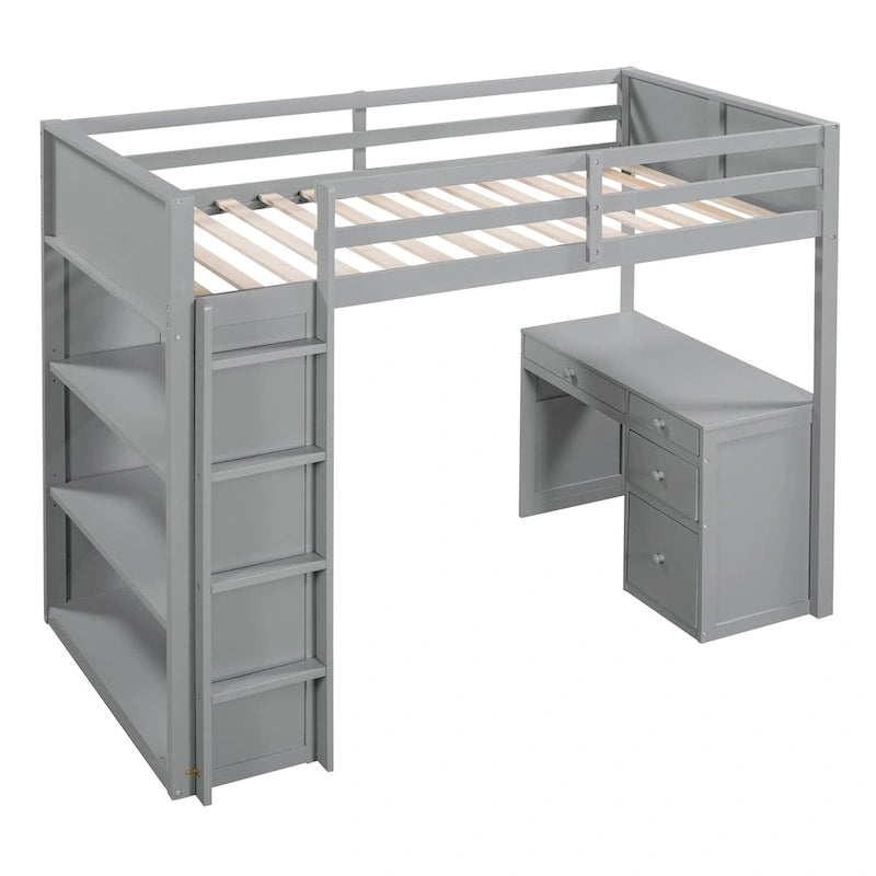 Twin Size Loft Bed with Ladder, Shelves, and Desk