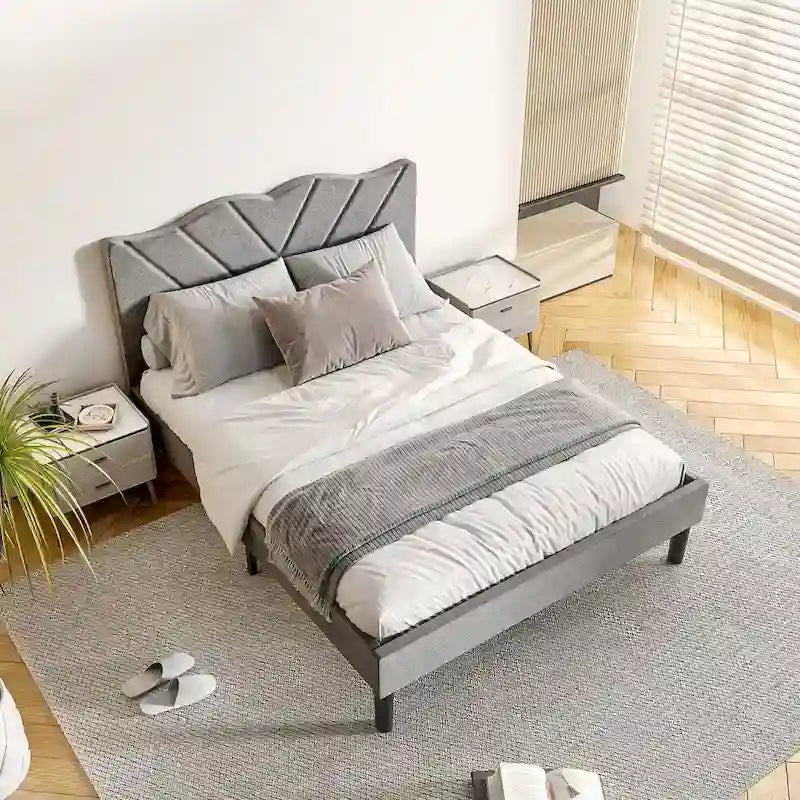 Modern Platform Bed Frame with Upholstered Headboard