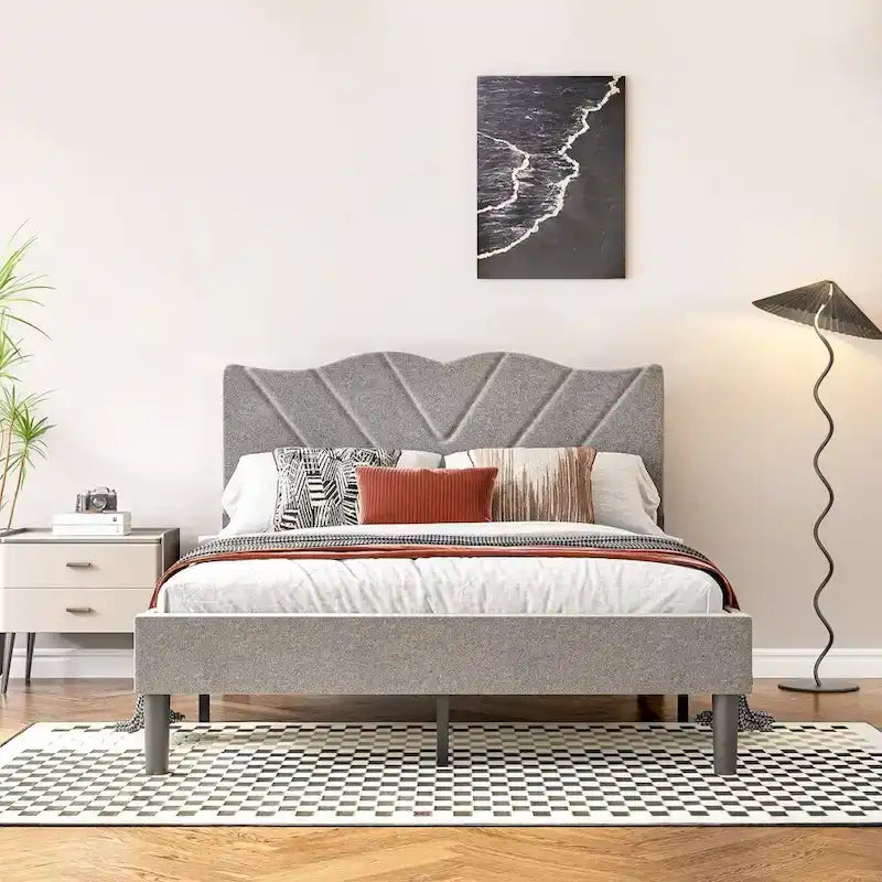 Modern Platform Bed Frame with Upholstered Headboard