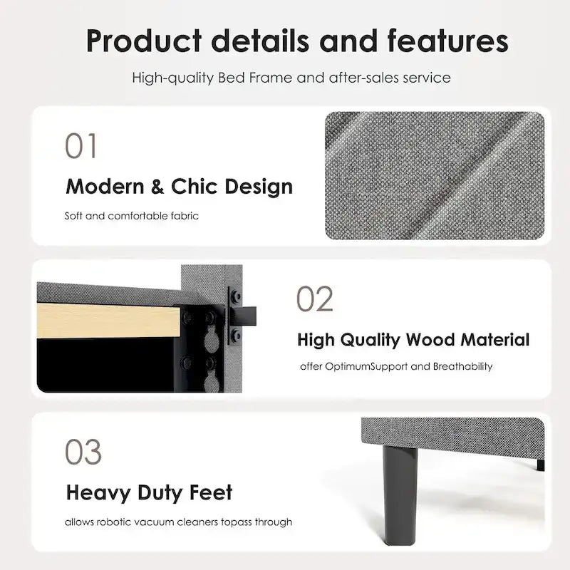 Modern Platform Bed Frame with Upholstered Headboard