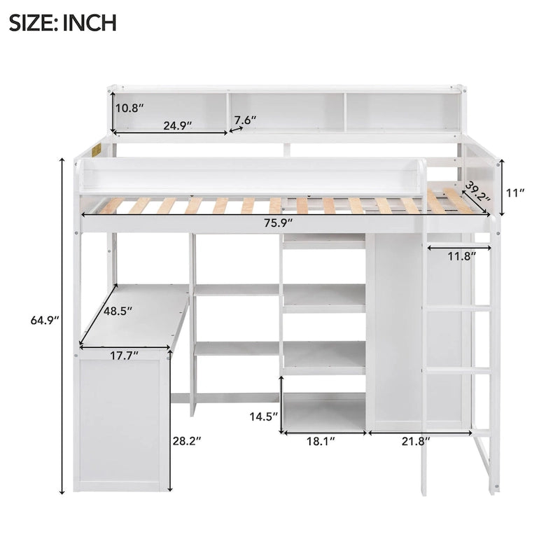 Twin Loft Bed w/Storage Shelves, Under-Bed Desk, Wooden Bed Frames