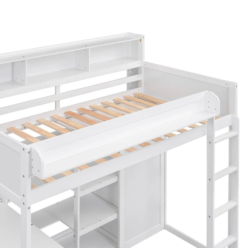 Twin Loft Bed w/Storage Shelves, Under-Bed Desk, Wooden Bed Frames