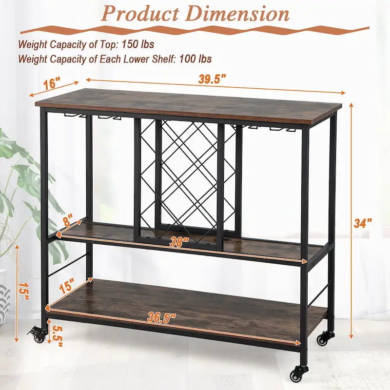Industrial Liquor Bar Cart Rolling Kitchen Serving Cart w/ Wine