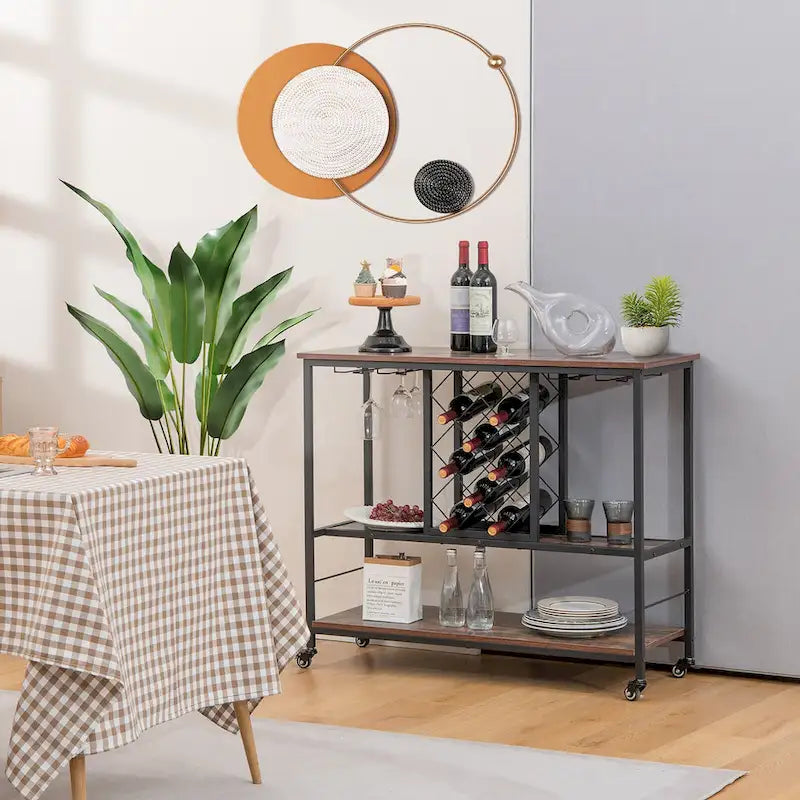 Industrial Liquor Bar Cart Rolling Kitchen Serving Cart w/ Wine