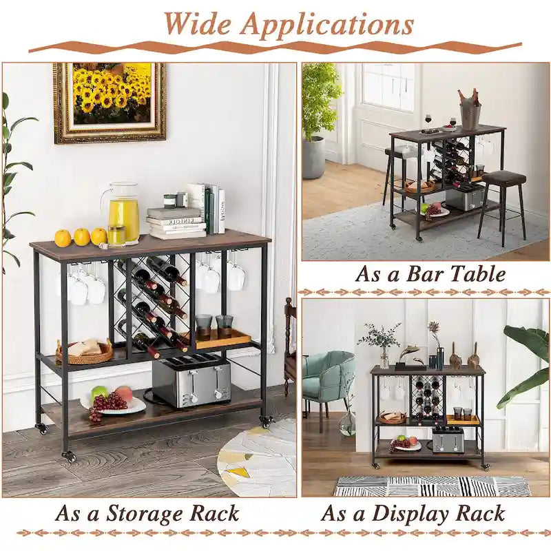 Industrial Liquor Bar Cart Rolling Kitchen Serving Cart w/ Wine
