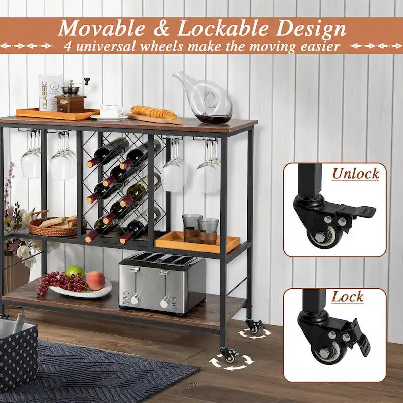 Industrial Liquor Bar Cart Rolling Kitchen Serving Cart w/ Wine