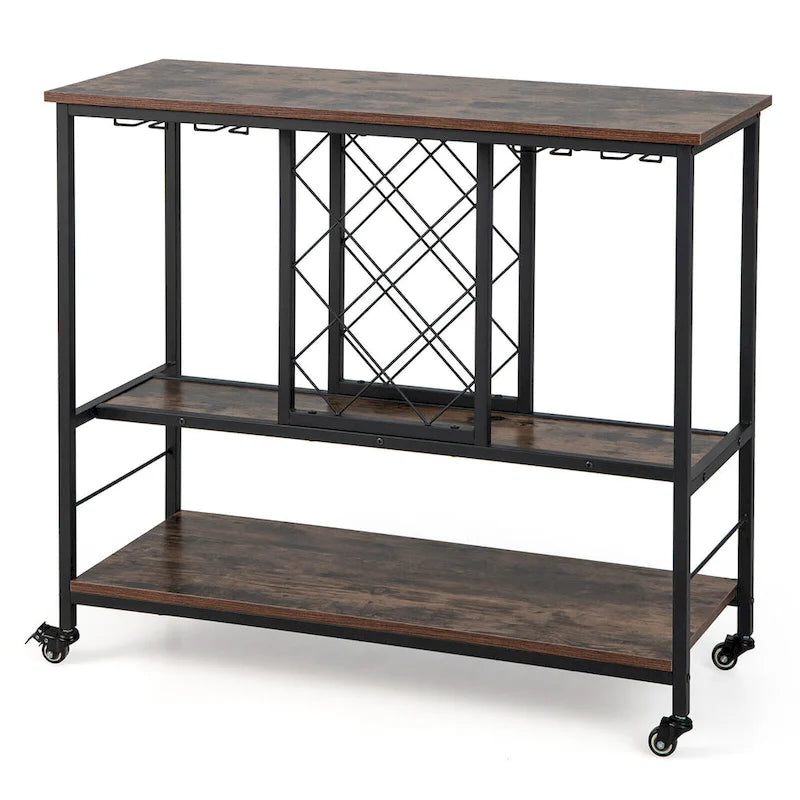 Industrial Liquor Bar Cart Rolling Kitchen Serving Cart w/ Wine