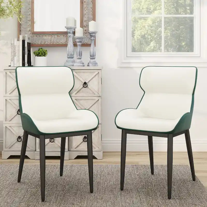 Set of 2 PU Upholstered Dining Chairs Modern Solid Back Chairs with Black Metal Legs