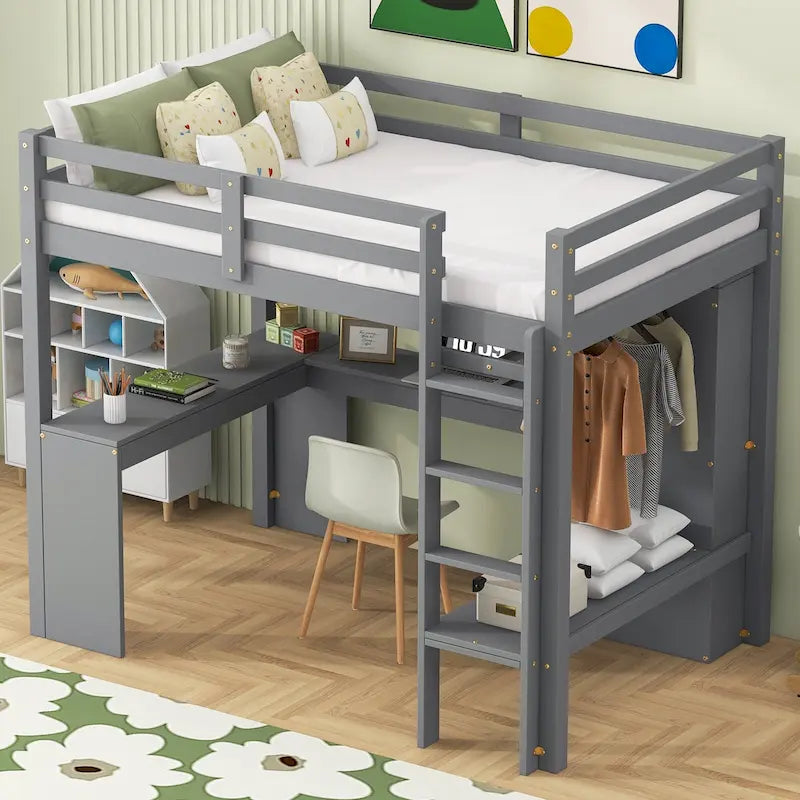 Cadre de lit mezzanine 1 place avec bureau en L, armoire et étagères