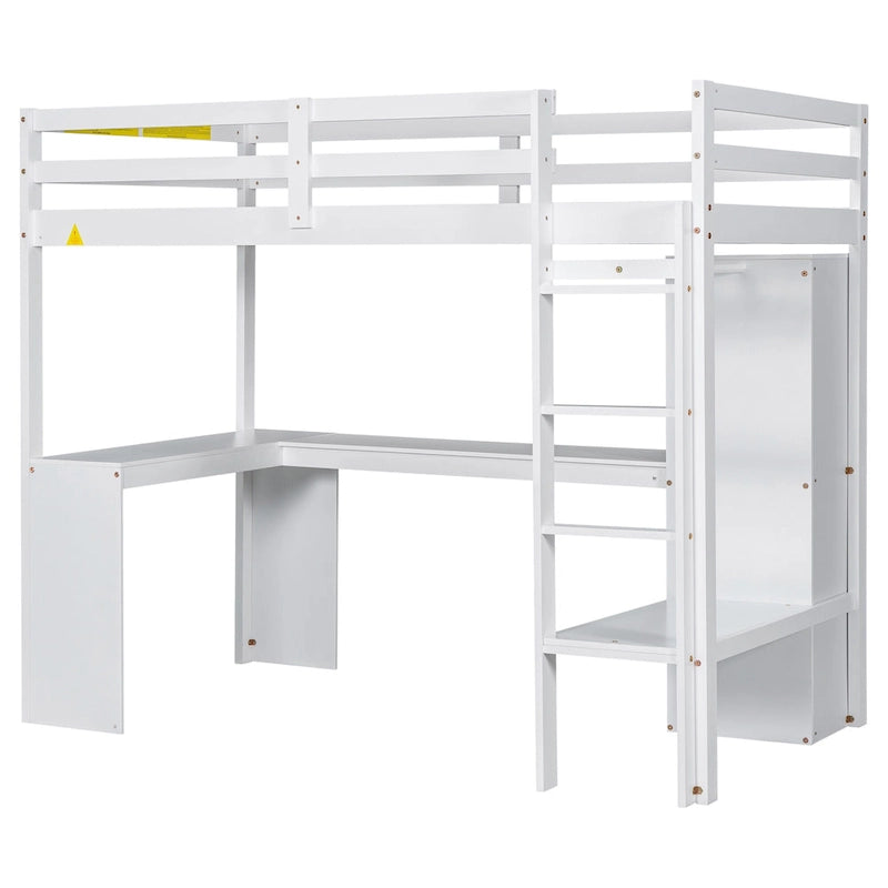Twin Size Loft Bed Frame with L Shaped Desk, Wardrobe and Shelves
