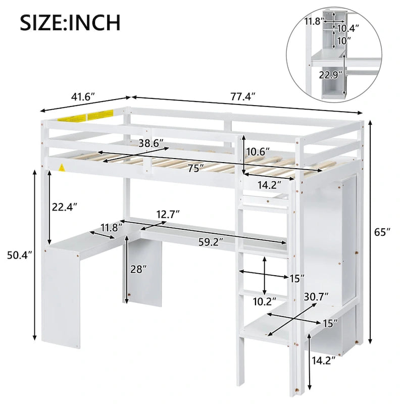 Twin Size Loft Bed Frame with L Shaped Desk, Wardrobe and Shelves