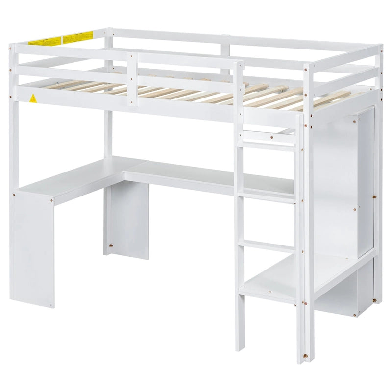 Twin Size Loft Bed Frame with L Shaped Desk, Wardrobe and Shelves
