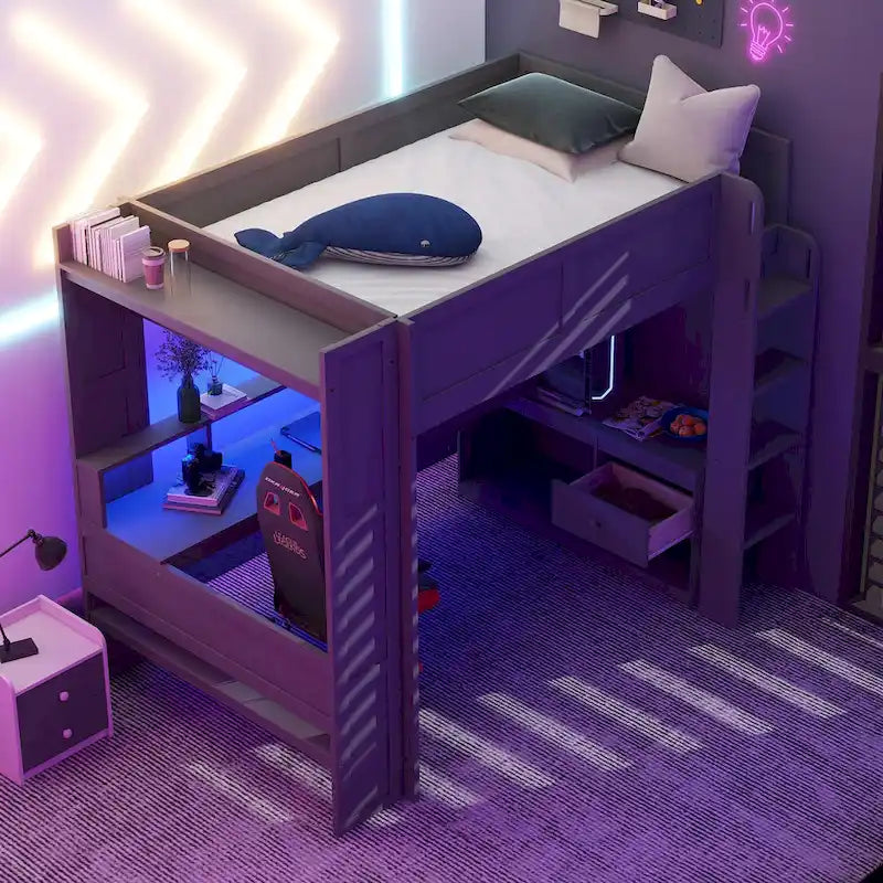 Wood Twin Size Gaming Loft Bed with Desk, Multi-storage Shelves, LED and Charging Station, Dark Gray