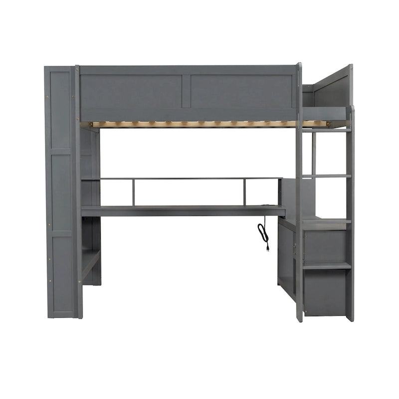 Wood Twin Size Gaming Loft Bed with Desk, Multi-storage Shelves, LED and Charging Station, Dark Gray